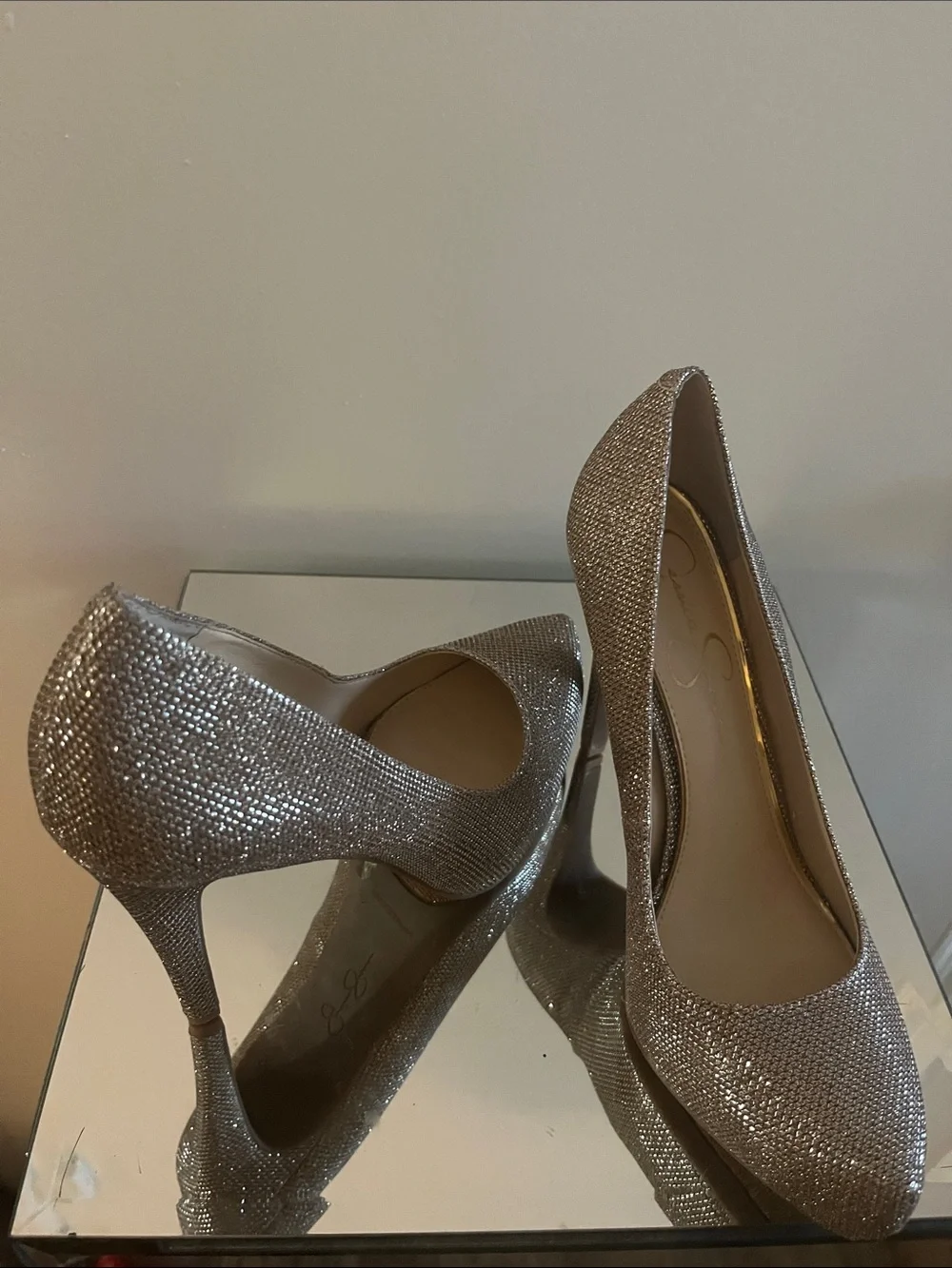Jessica Simpson Glittery Silver Pointed-Toe Stiletto Heels